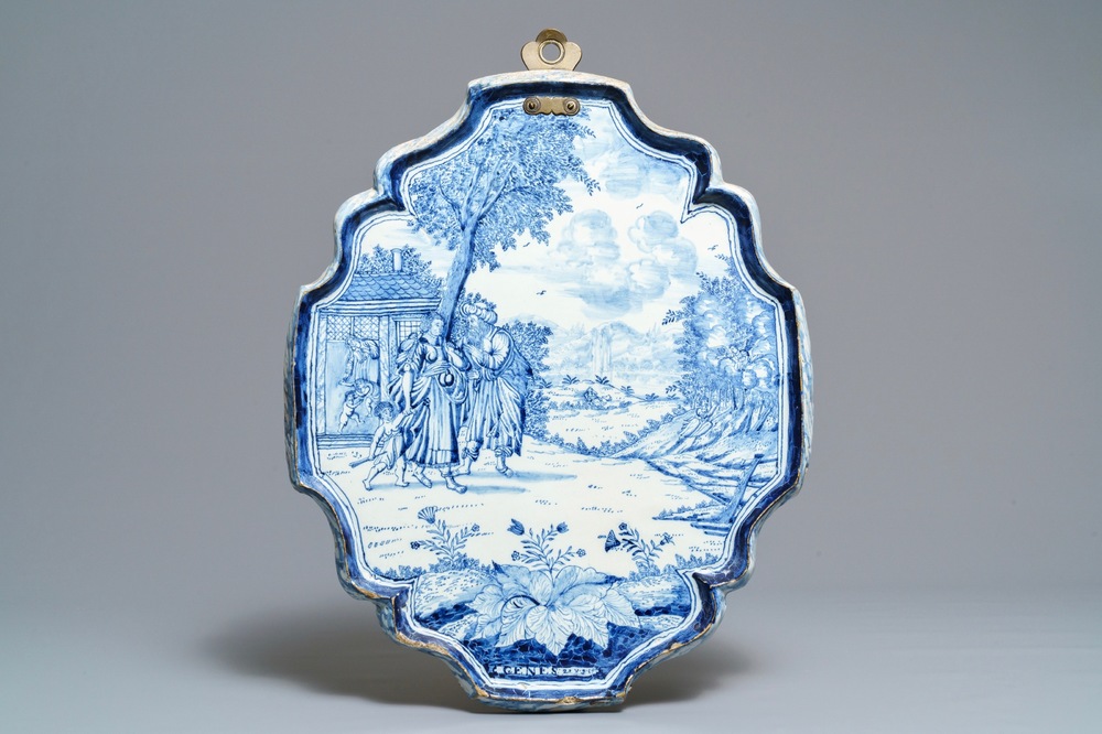 A large Dutch Delft blue and white biblical plaque, dated 1758